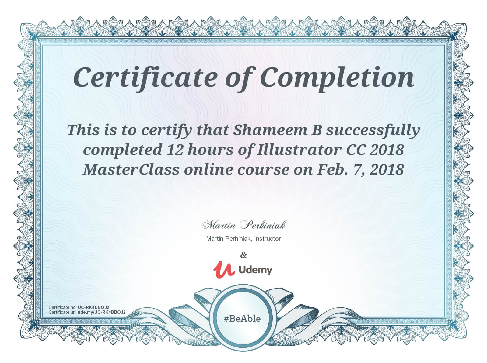 Udemy Illustrator maste class certificate